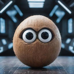 A coconut personified as an AI entity, with digital eyes and circuitry patterns overlaid on its shell. Set within a futuristic cyberspace environment.