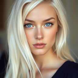 A portrait of a beautiful young actress in her early 20s, featuring stunning white hair that flows down her shoulders and striking blue eyes that captivate the viewer