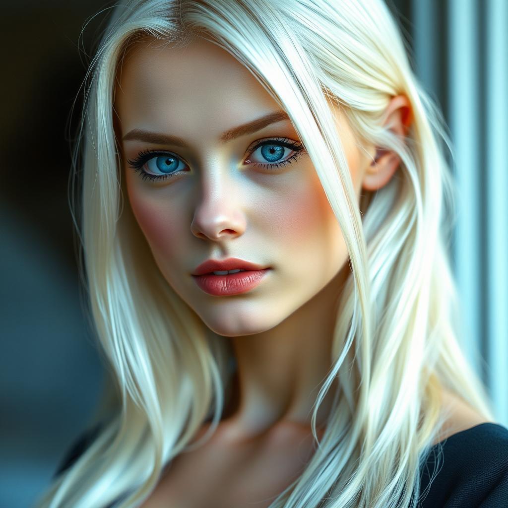 A portrait of a beautiful young actress in her early 20s, featuring stunning white hair that flows down her shoulders and striking blue eyes that captivate the viewer