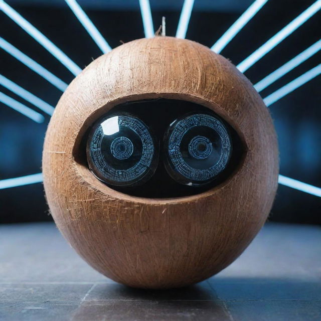 A coconut personified as an AI entity, with digital eyes and circuitry patterns overlaid on its shell. Set within a futuristic cyberspace environment.