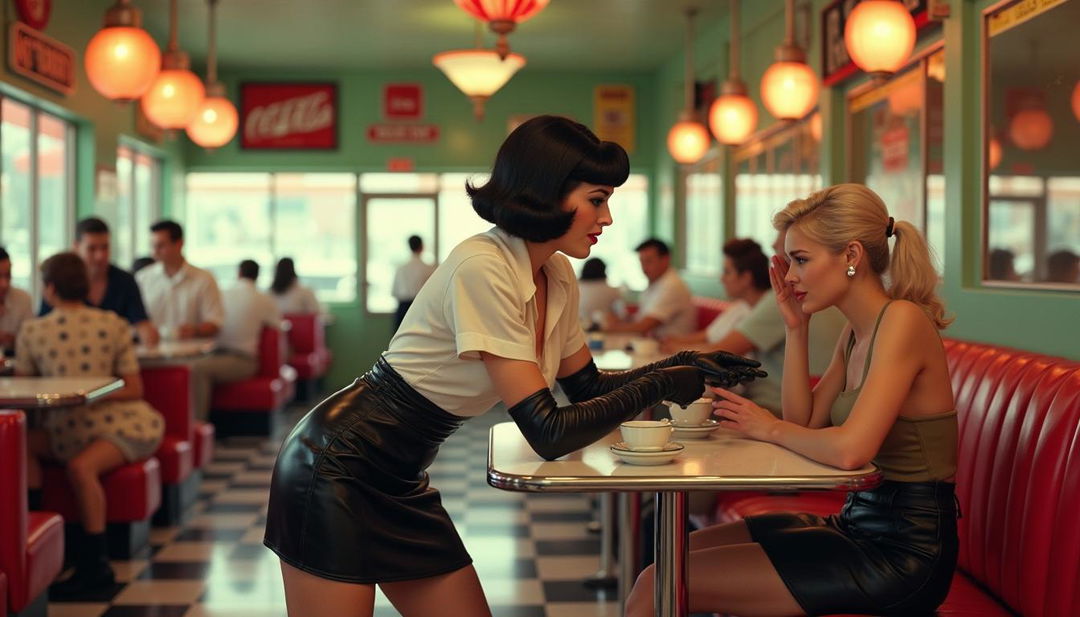 A lively 1950s pin-up scene in a retro crowded diner, featuring Bettie Page as a flirty waitress