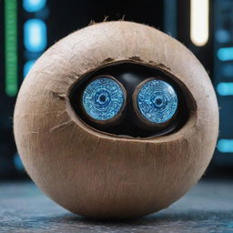 A coconut personified as an AI entity, with digital eyes and circuitry patterns overlaid on its shell. Set within a futuristic cyberspace environment.