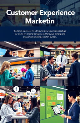 A visually engaging representation of Customer Experience Marketing, featuring diverse business settings where employees interact positively with happy customers