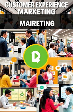 A visually engaging representation of Customer Experience Marketing, featuring diverse business settings where employees interact positively with happy customers