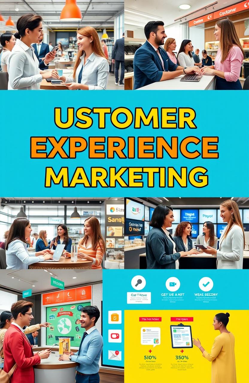 A visually engaging representation of Customer Experience Marketing, featuring diverse business settings where employees interact positively with happy customers