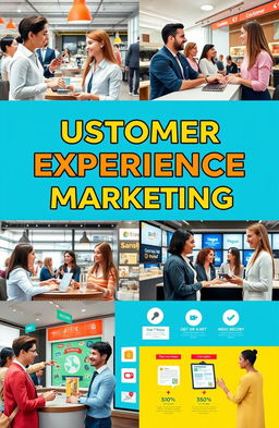 A visually engaging representation of Customer Experience Marketing, featuring diverse business settings where employees interact positively with happy customers