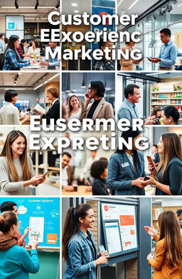 A visually engaging representation of Customer Experience Marketing, featuring diverse business settings where employees interact positively with happy customers