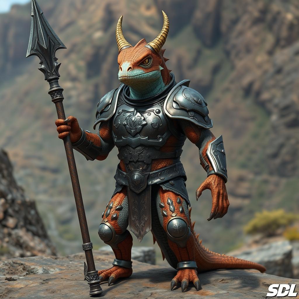 A humanoid lizard creature with copper and opal scales, embodying a strong and stern expression