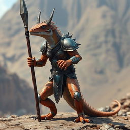 A humanoid lizard creature with copper and opal scales, embodying a strong and stern expression