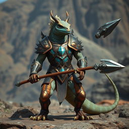 A humanoid lizard creature with copper and opal scales, embodying a strong and stern expression