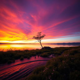 A mesmerizing landscape featuring a vibrant sunset over a tranquil lake, with the sky ablaze in shades of orange, pink, and purple