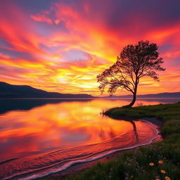 A mesmerizing landscape featuring a vibrant sunset over a tranquil lake, with the sky ablaze in shades of orange, pink, and purple