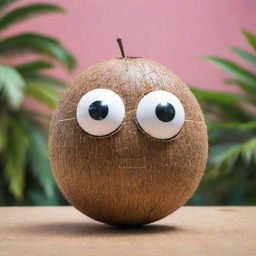 A humorous meme featuring a coconut as an AI. With pixelated, digital eyes and circuits over its shell, it's displaying a funny and unexpected error message, set within a whimsical cyberspace backdrop.