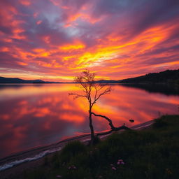 A mesmerizing landscape featuring a vibrant sunset over a tranquil lake, with the sky ablaze in shades of orange, pink, and purple