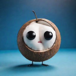 A humorous meme featuring a coconut as an AI. With pixelated, digital eyes and circuits over its shell, it's displaying a funny and unexpected error message, set within a whimsical cyberspace backdrop.