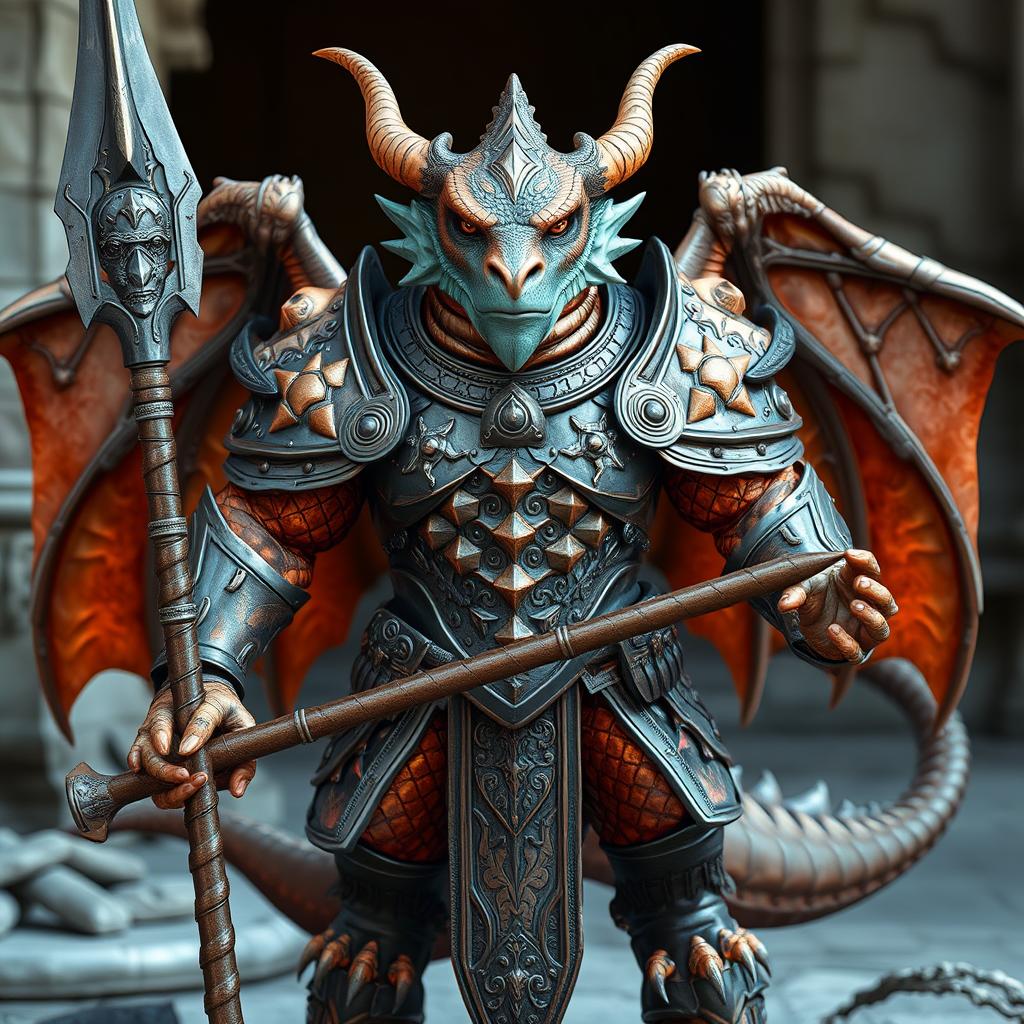 A commanding humanoid dragonborn figure, adorned in shimmering scales of copper and opal, showcasing a striking and stern expression that conveys confidence and strength