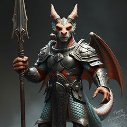 A commanding humanoid dragonborn figure, adorned in shimmering scales of copper and opal, showcasing a striking and stern expression that conveys confidence and strength