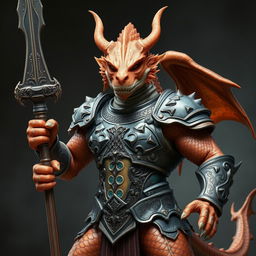 A commanding humanoid dragonborn figure, adorned in shimmering scales of copper and opal, showcasing a striking and stern expression that conveys confidence and strength