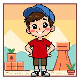 A full body 8-bit style character of a boy wearing a vibrant red shirt and a blue cap