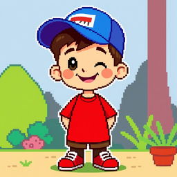 A full body 8-bit style character of a boy wearing a vibrant red shirt and a blue cap