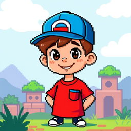 A full body 8-bit style character of a boy wearing a vibrant red shirt and a blue cap