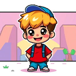 A full body 8-bit style character of a boy wearing a vibrant red shirt and a blue cap