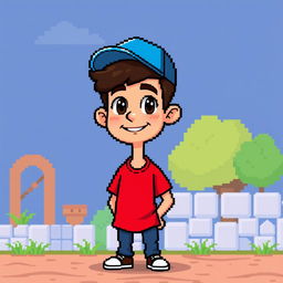 A full body 8-bit style character of a young man wearing a bright red shirt and a blue cap