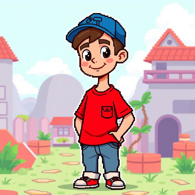 A full body 8-bit style character of a young man wearing a bright red shirt and a blue cap