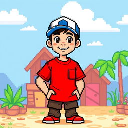 A full body 8-bit style character of a young man wearing a bright red shirt and a blue cap