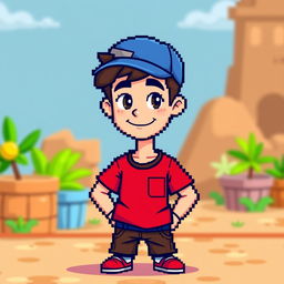 A full body 8-bit style character of a young man wearing a bright red shirt and a blue cap