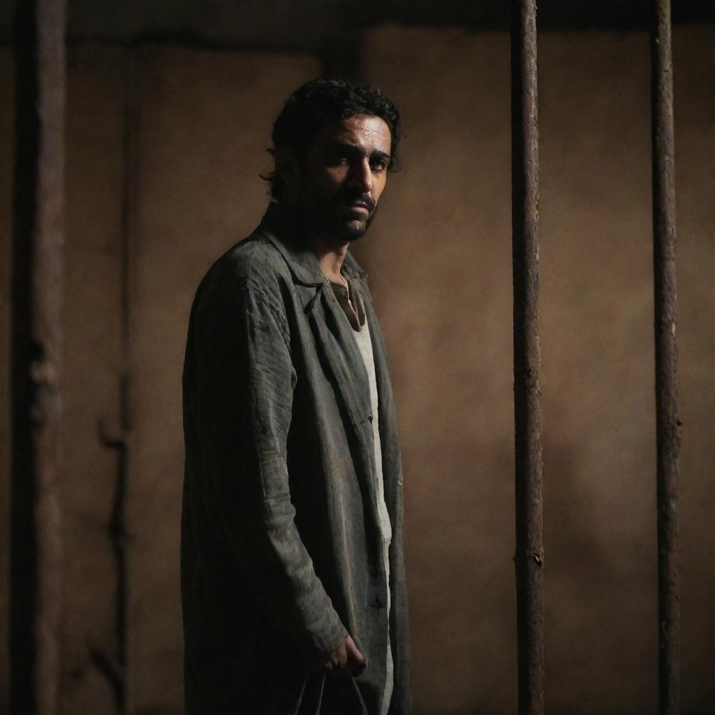 A middle eastern man looking desolated and isolated, standing behind old rusted iron bars in a dimly lit room, conveying an atmosphere of captivity and despair.