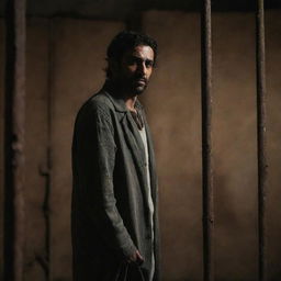 A middle eastern man looking desolated and isolated, standing behind old rusted iron bars in a dimly lit room, conveying an atmosphere of captivity and despair.