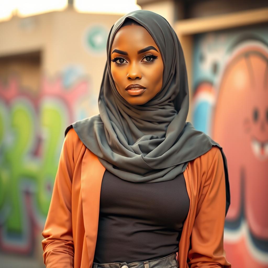 A stylish woman wearing a jilbab and tight-fitting clothing, showcasing a modern and fashionable look