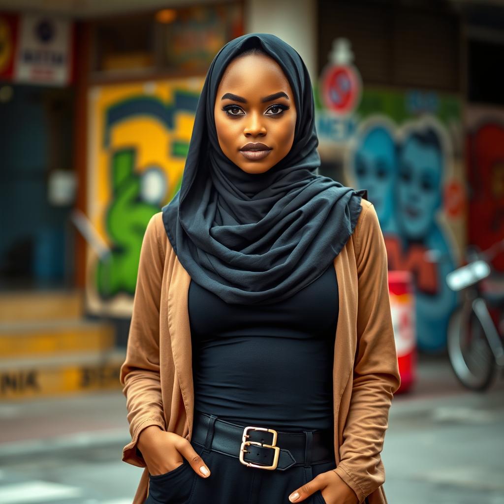 A stylish woman wearing a jilbab and tight-fitting clothing, showcasing a modern and fashionable look