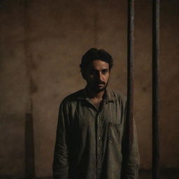 A middle eastern man looking desolated and isolated, standing behind old rusted iron bars in a dimly lit room, conveying an atmosphere of captivity and despair.