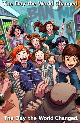 A chaotic and colorful scene featuring a ginger girl with fiery red hair and brown eyes sitting in a shopping cart, laughing and screaming joyfully