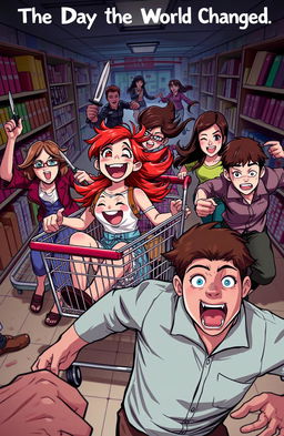 A chaotic and colorful scene featuring a ginger girl with fiery red hair and brown eyes sitting in a shopping cart, laughing and screaming joyfully