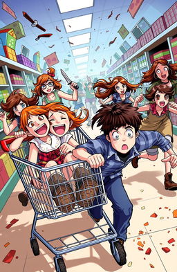 A chaotic and colorful scene featuring a ginger girl with fiery red hair and brown eyes sitting in a shopping cart, laughing and screaming joyfully