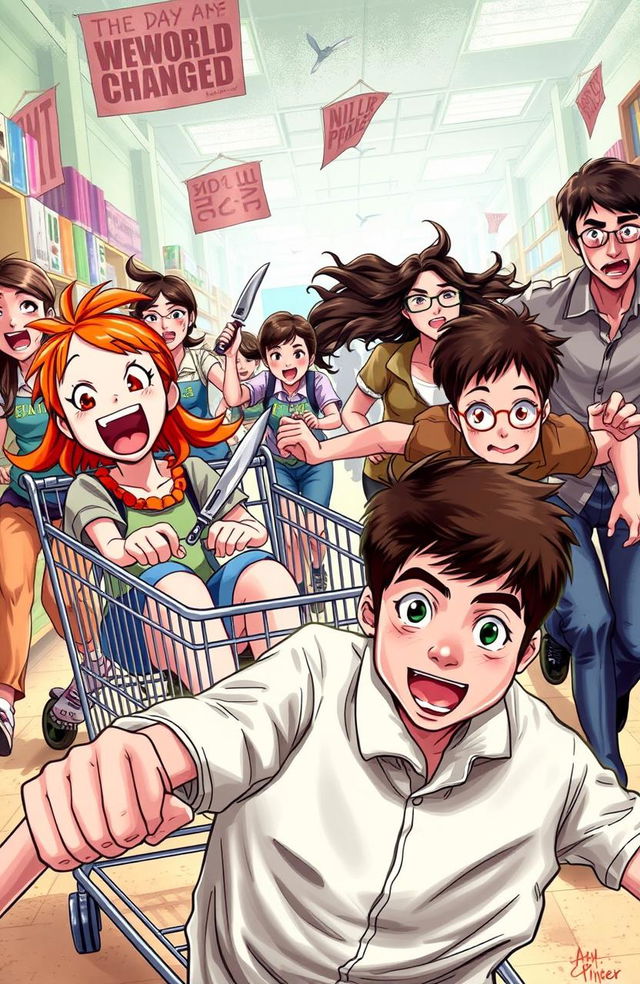 A chaotic and colorful scene featuring a ginger girl with fiery red hair and brown eyes sitting in a shopping cart, laughing and screaming joyfully