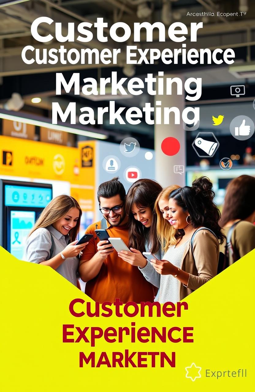 A captivating cover for an article on customer experience marketing, featuring a diverse group of happy customers engaging with a product in a vibrant and inviting environment