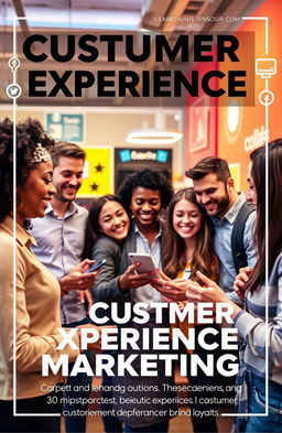 A captivating cover for an article on customer experience marketing, featuring a diverse group of happy customers engaging with a product in a vibrant and inviting environment