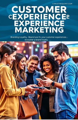 A captivating cover for an article on customer experience marketing, featuring a diverse group of happy customers engaging with a product in a vibrant and inviting environment