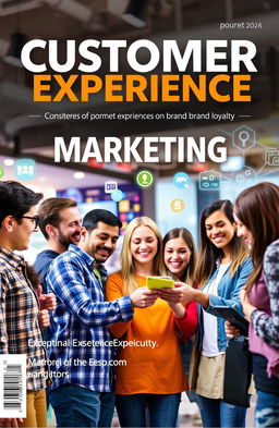 A captivating cover for an article on customer experience marketing, featuring a diverse group of happy customers engaging with a product in a vibrant and inviting environment