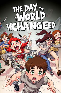 A chaotic scene depicting a ginger girl with vibrant red hair and brown eyes, sitting excitedly in a shopping cart, screaming joyfully