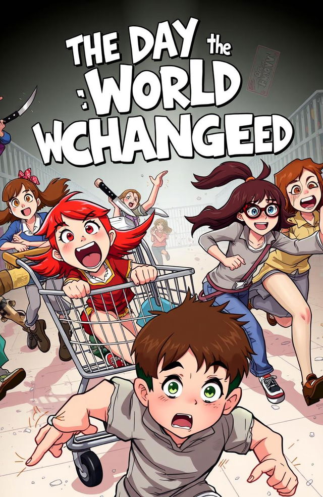 A chaotic scene depicting a ginger girl with vibrant red hair and brown eyes, sitting excitedly in a shopping cart, screaming joyfully