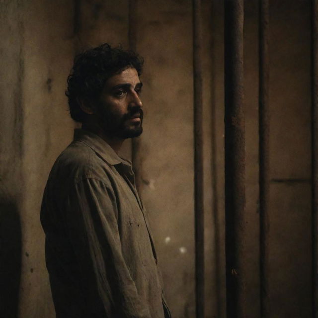 A middle eastern man looking desolated and isolated, standing behind old rusted iron bars in a dimly lit room, conveying an atmosphere of captivity and despair.