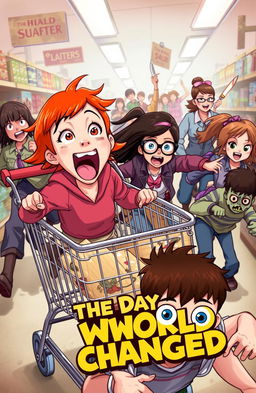 A chaotic scene depicting a ginger girl with vibrant red hair and brown eyes, sitting excitedly in a shopping cart, screaming joyfully