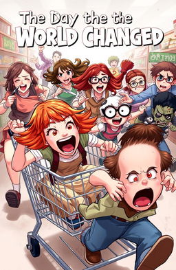 A chaotic scene depicting a ginger girl with vibrant red hair and brown eyes, sitting excitedly in a shopping cart, screaming joyfully