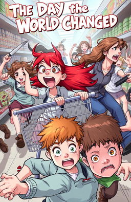 A chaotic scene depicting a ginger girl with vibrant red hair and brown eyes, sitting excitedly in a shopping cart, screaming joyfully