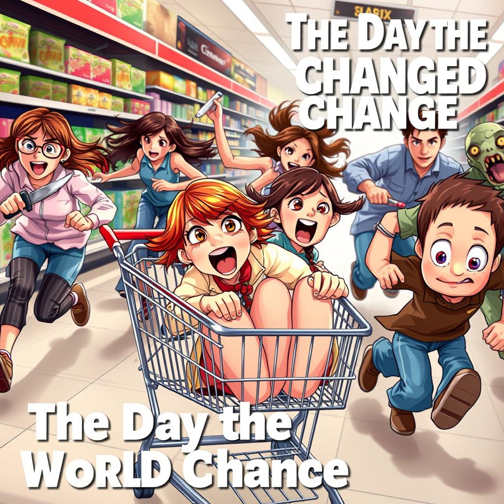 A vibrant and chaotic scene showcasing a ginger girl with striking red hair and brown eyes, sitting gleefully in a shopping cart while both she and the brunette girl with glasses who is pushing the cart are screaming in excitement